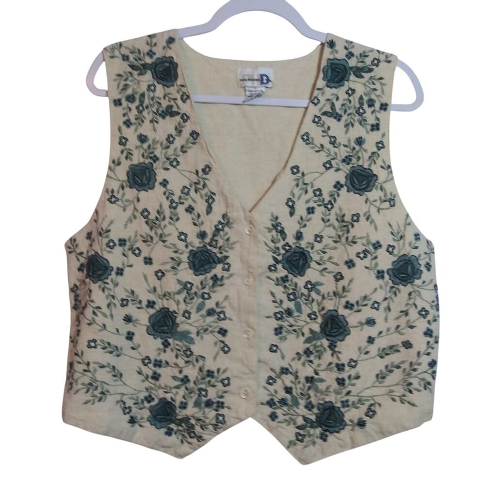 Paul Harris Vintage Embroidered Floral Button-Front Vest in Cream and Teal Sz L